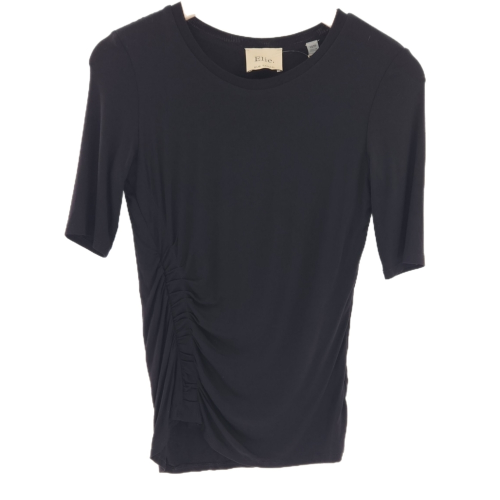 Elie Tahari Black Short Sleeve Ruched Asymmetrical Top Womens Size XSmall